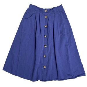 Retro Knee Length Swing Skirt S Blue Pockets Elastic Waist Decorative Buttons